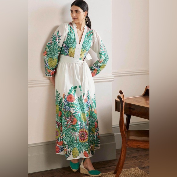 Boden Dresses & Skirts - Boden Women's Green Notch Neck Cotton Maxi Dress Ivory Pineapple Floral 16 - 18